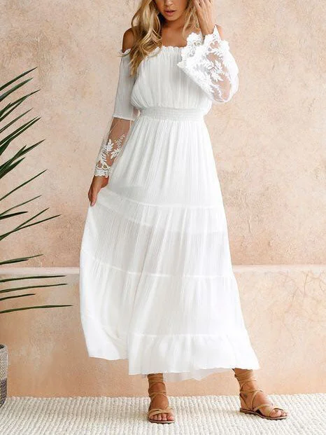 Off Shoulder Elastic Waist Lace Sleeve Maxi Dress Trendy V-Neck Maxi Dress