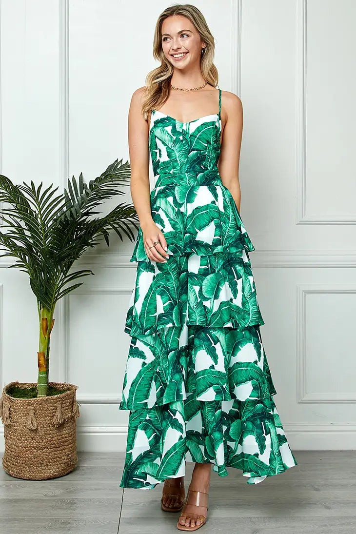 Palm Print Open Back Maxi Dress Comfortable Flowy Maxi Dress