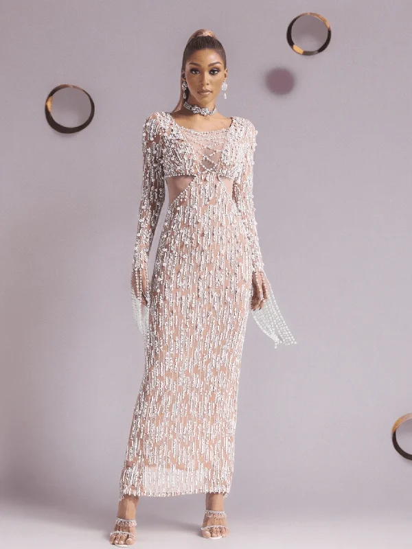 Pearl Embellished Sequin Maxi Dress Nude Elegant Maxi Dress with Lace