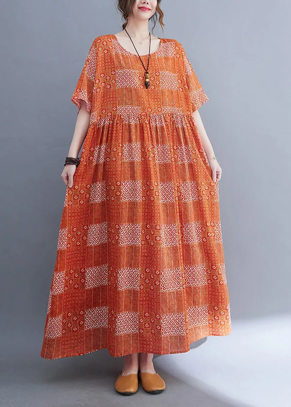Plus Size Orange O-Neck Patchwork Wrinkled Party Maxi Dress Summer Fashionable Off-Shoulder Maxi Dress
