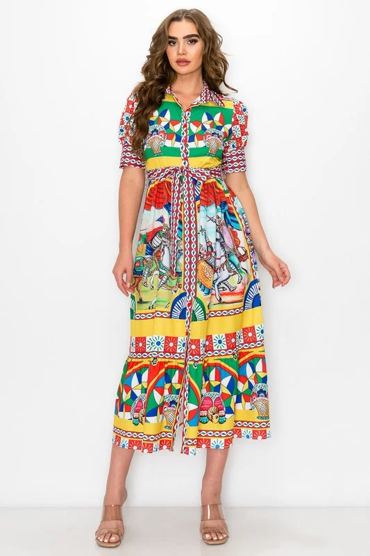 Carretto Print Maxi Dress-FINAL SALE-NOT ELIGIBLE FOR EXCHANGE OR REFUND Trendy Off-Shoulder Ruffle Maxi Dress