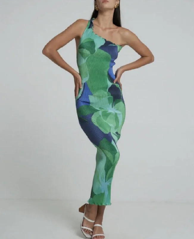 Printed Pleated Oblique Shoulder Long Dresses Sleeveless Backless Slim Fit Maxi Dress Summer Women Vacation Party Vestidos Elegant Floral Maxi Dress
