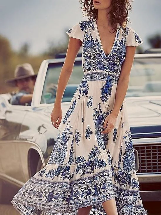 Printed V Neck Short Sleeve Vintage Beach Bohemia Maxi Dress Fashionable Chiffon Maxi Dress Printed V Neck Short Sleeve Vintage Beach Bohemia Maxi Dress Fashionable Chiffon Maxi Dress