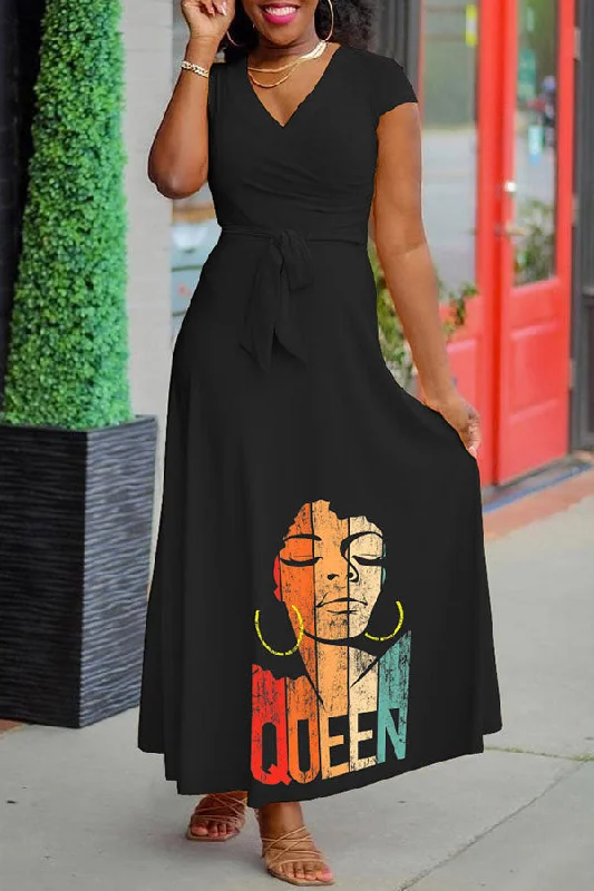 Queen Print Modern Belted Maxi Dress Elegant Maxi Dress with Drapes