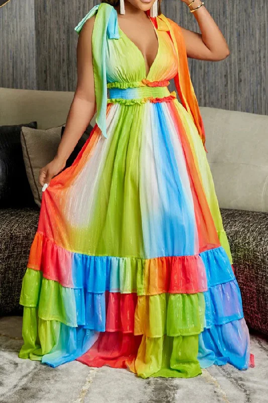 Rainbow Gradient Stunning Ruffle Tiered Maxi Dress Comfortable Bohemian Maxi Dress