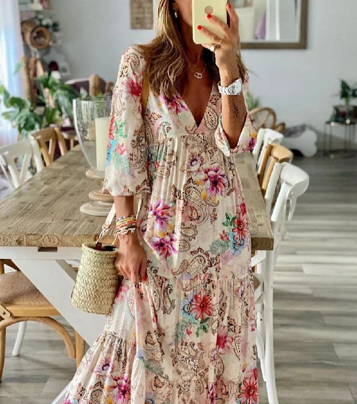 Romantic Print V-Neck Maxi Dress Cozy Ruffle Sleeve Maxi Dress