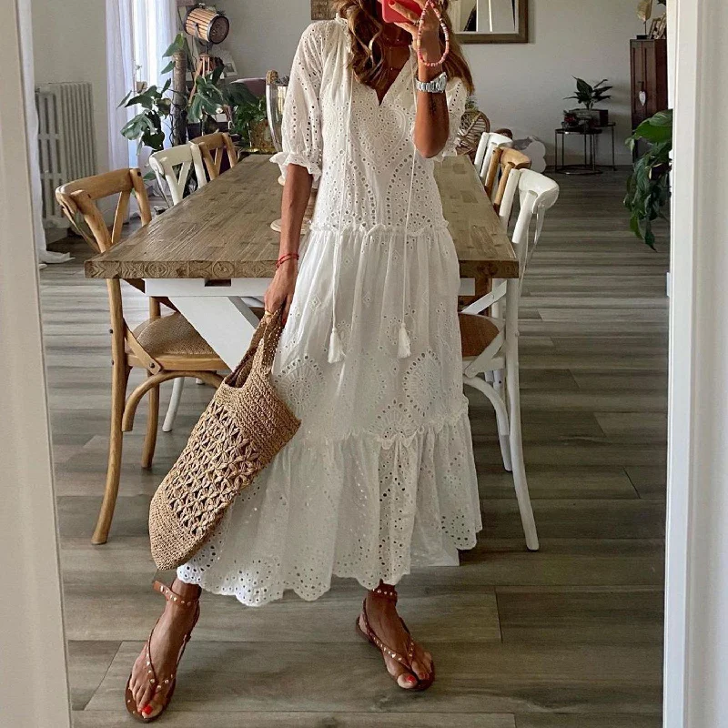 Romantic White Half Sleeve Maxi Dress Comfortable Cotton Maxi Dress