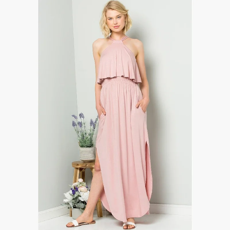 Rose Halter Back Jersey Maxi Dress Fashionable High-Low Maxi Dress
