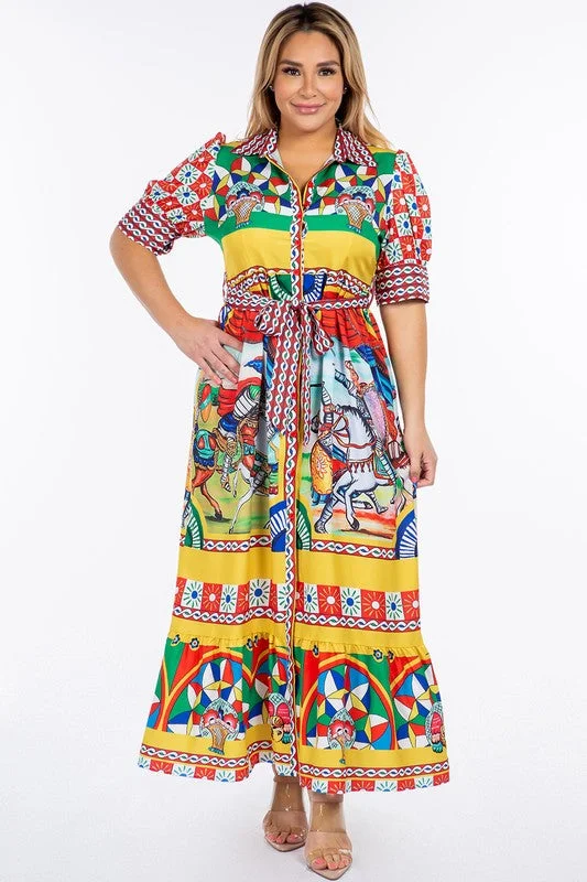 Royal Curves Carretto Print Maxi Dress Cozy Ruffle Sleeve Maxi Dress