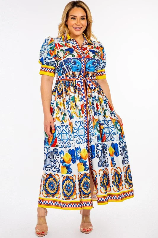 Royal Curves Mosaic Print Maxi Dress Trendy Short Sleeve Maxi Dress