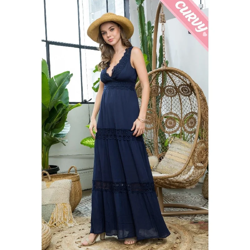 Royal Curves Navy Crochet Lace Woven Maxi Dress Trendy Short Sleeve Maxi Dress
