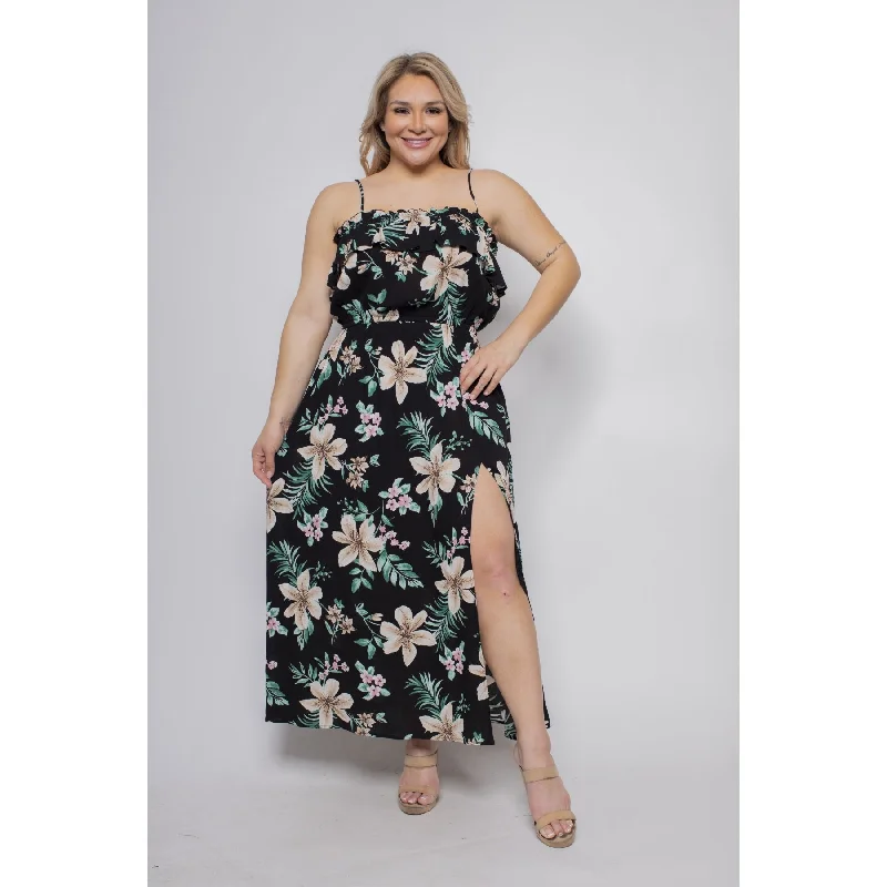 Royal Curves Black Tropical Print Slit Maxi Dress Elegant Pleated Maxi Dress