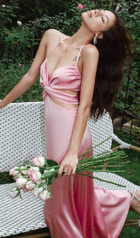 SATIN HALTER CUT OUT  MAXI DRESS IN PINK Casual Maxi Dress with Pockets