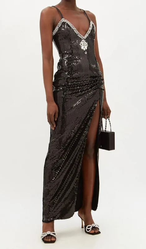 SEQUIN CRYSTAL V NECK MAXI DRESS IN BLACK Elegant Silk Maxi Dress
