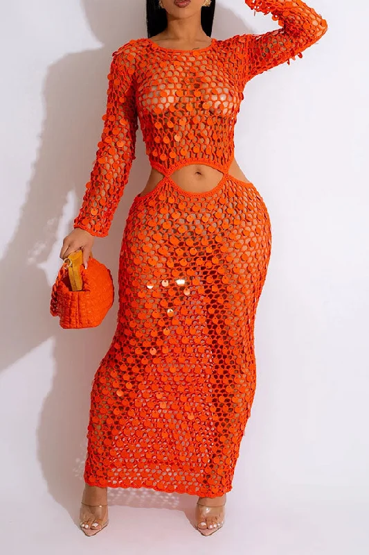 Sequined Romantic Cutout Crochet Maxi Dress Elegant Maxi Dress with Belt