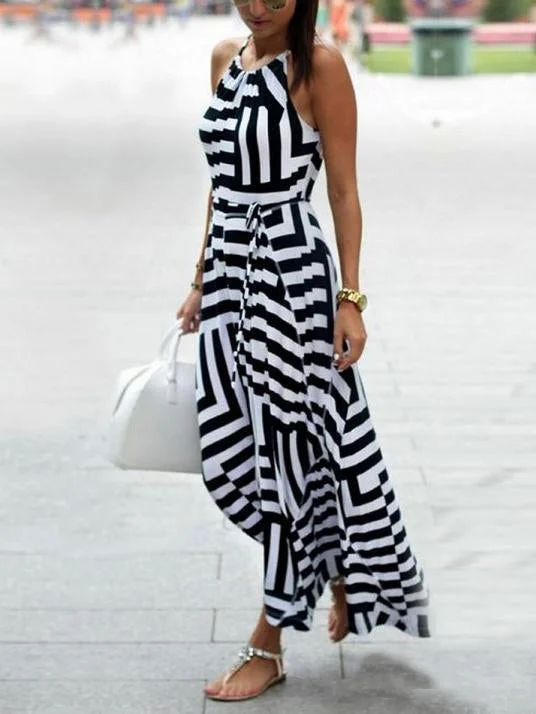 Sexy Stripe Sleeveless Irregular Maxi Dress Elegant Wraparound Maxi Dress