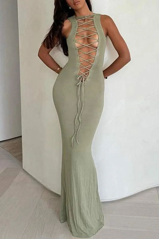 SLEEVELESS FISHTAIL MAXI DRESS Trendy Floral Print Maxi Dress