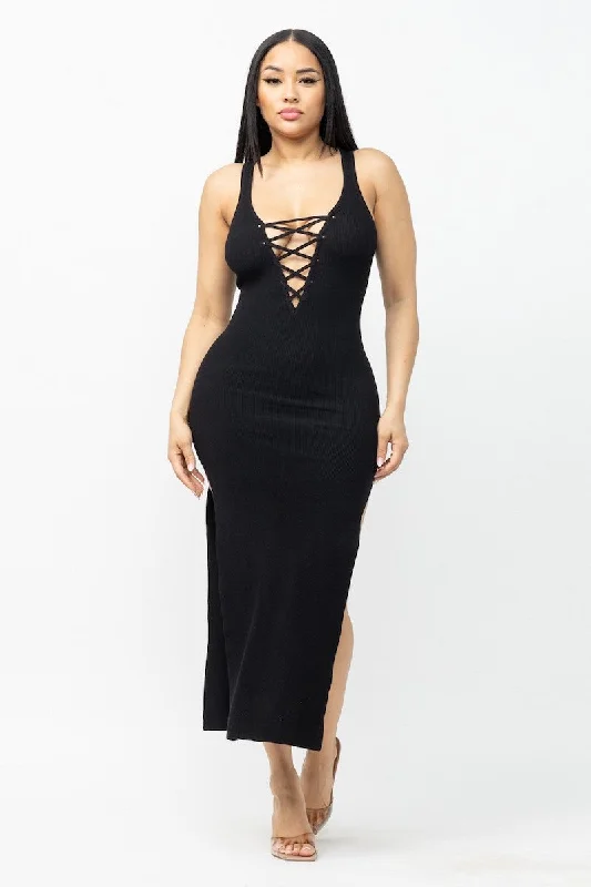 Sleeveless Lace Up Open Slit Maxi Dress Stylish Boho Chic Maxi Dress