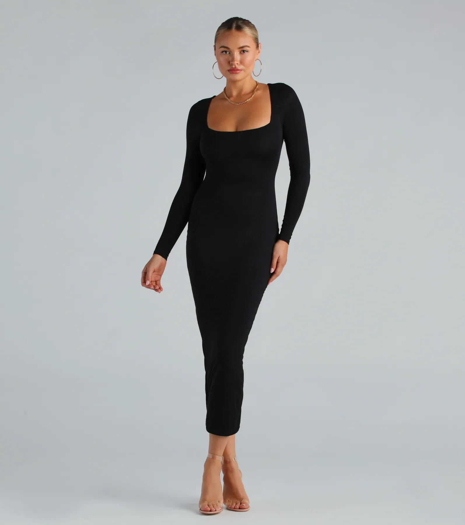 Smooth Silhouette Long Sleeve Bodycon Maxi Dress Comfortable Cotton Maxi Dress
