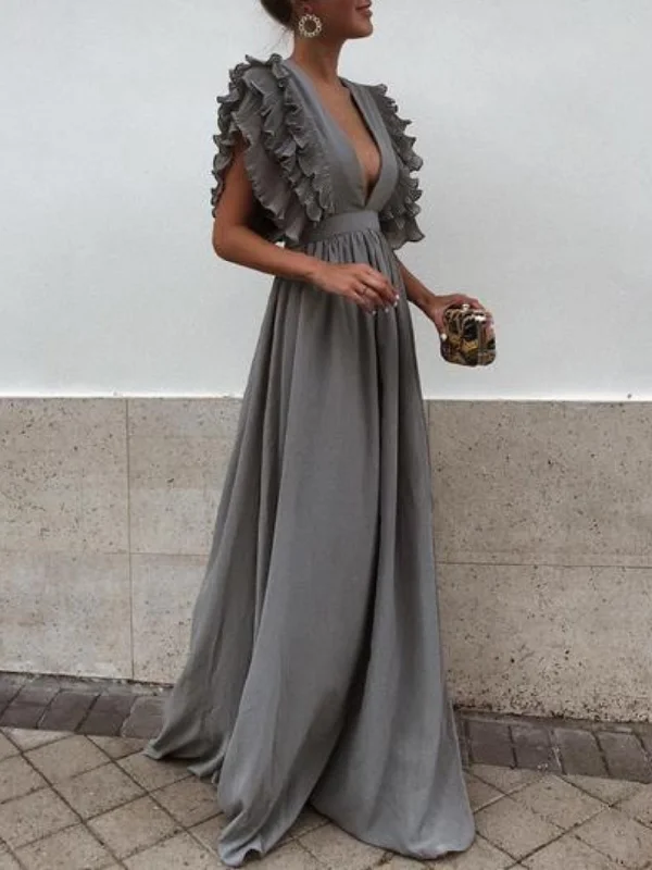 Solid Color Deep V Neck Backless Maxi Dress Elegant Maxi Dress with Drapes