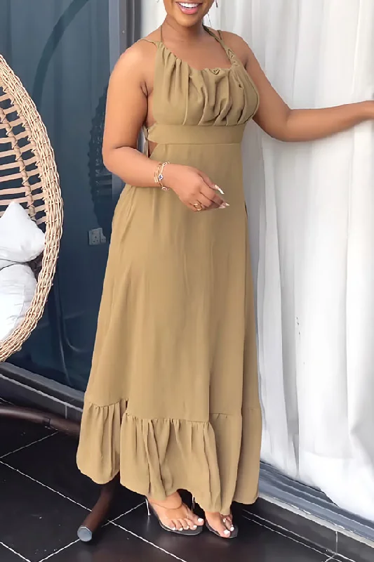 Solid Color Feminine Lace-Up Backless Ruffle Hem Maxi Dress Stylish Button-Up Maxi Dress Solid Color Feminine Lace-Up Backless Ruffle Hem Maxi Dress Stylish Button-Up Maxi Dress