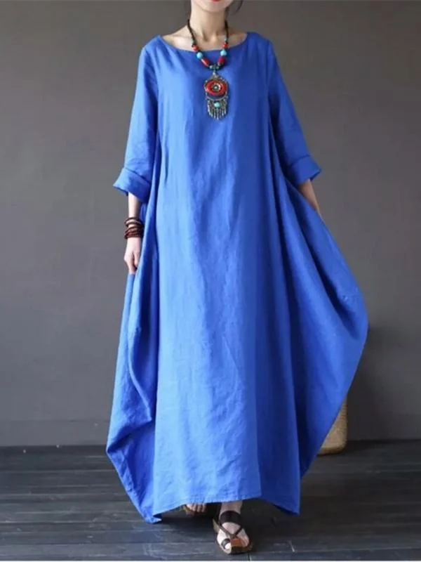 Solid Color Loose Casual Round Neck Maxi Dress Elegant Pleated Maxi Dress