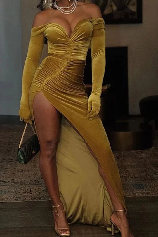 Solid Color Off Shoulder Modern High Split Maxi Dress Fashionable Layered Maxi Dress Solid Color Off Shoulder Modern High Split Maxi Dress Fashionable Layered Maxi Dress