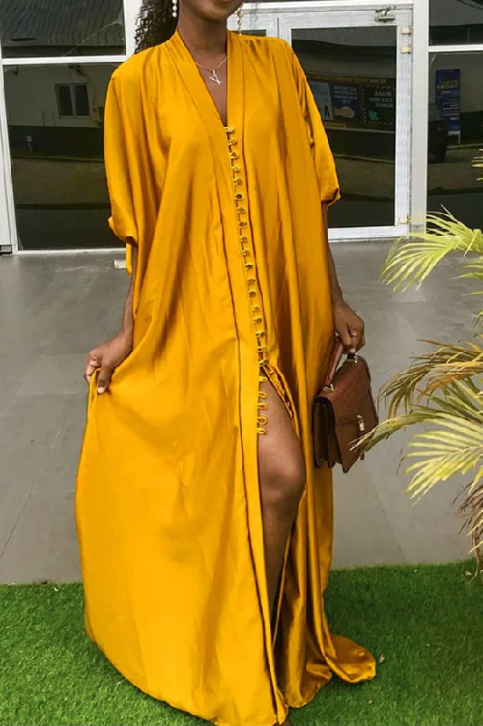 Solid Color Simple Single Breasted Maxi Dress Trendy Fit-and-Flare Maxi Dress