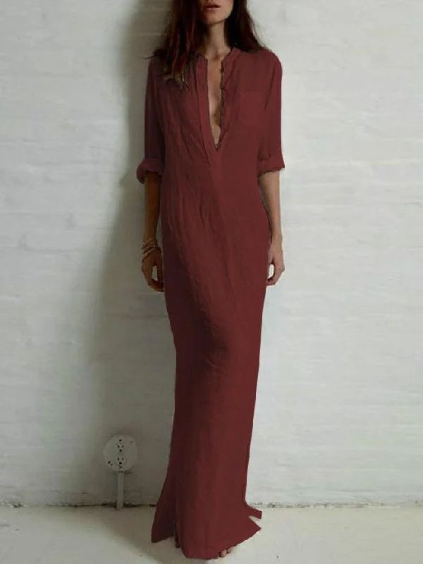 Solid Color Split-side Stand Collar Maxi Dress Cozy Ribbed Maxi Dress