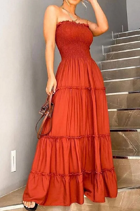 Solid Color Strap Shirred Elegant Tiered Maxi Dress Cozy Open-Back Maxi Dress