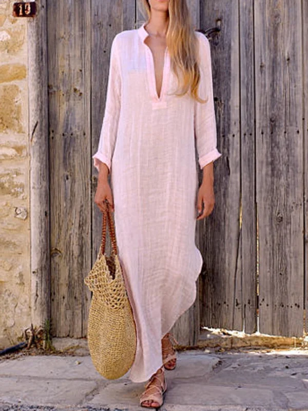 Solid Color V Neck Long Sleeve Casual Maxi Dress Classic Black Maxi Dress