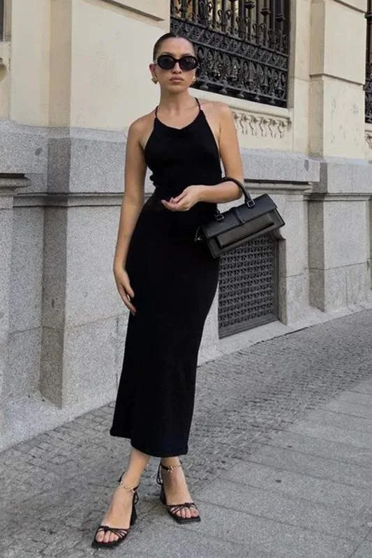 SOLID HALTER NECK MAXI DRESS Comfortable Cotton Maxi Dress