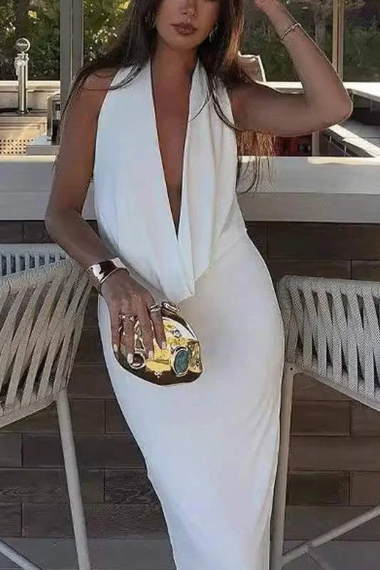 SOLID HALTER NECK MAXI DRESS Trendy Maxi Dress with Lace