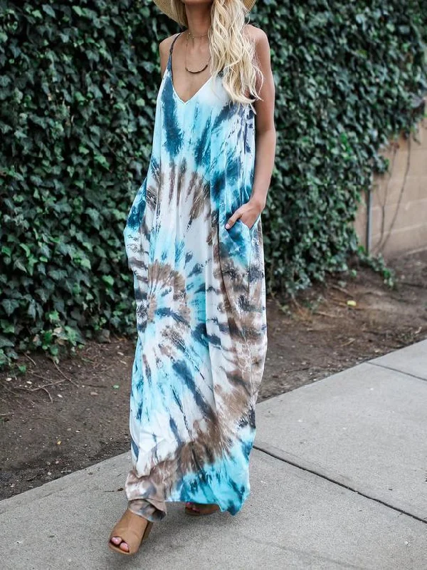 Spaghetti Strap Print Beach Maxi Dress Trendy Fit-and-Flare Maxi Dress