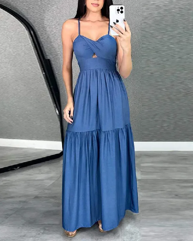 SPAGHETTI STRAP RUCHED FRONT DENIM LOOK MAXI DRESS Stylish A-Line Maxi Dress