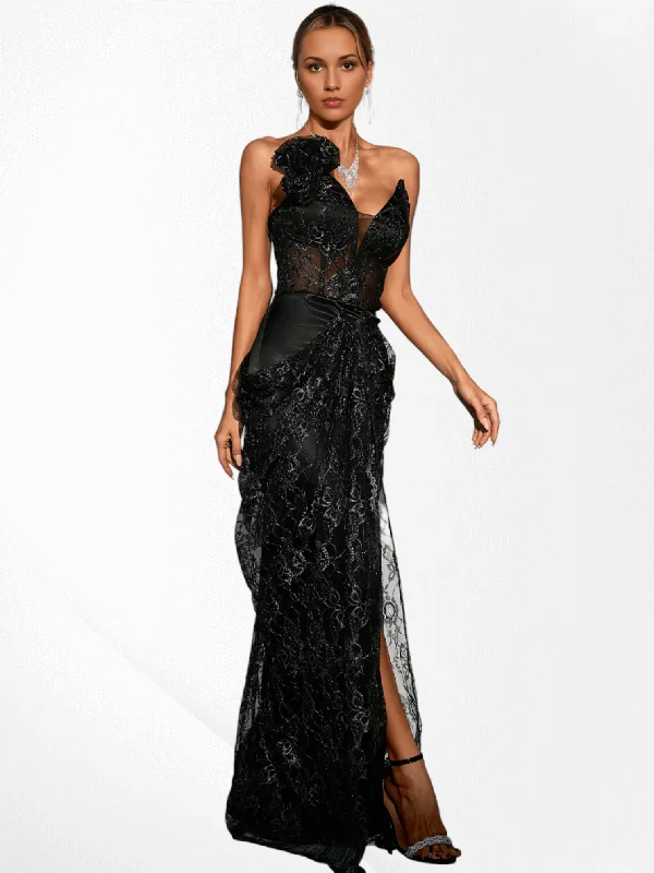 Strapless Floral Draped Lace Maxi Dress Stylish Maxi Dress with Frills