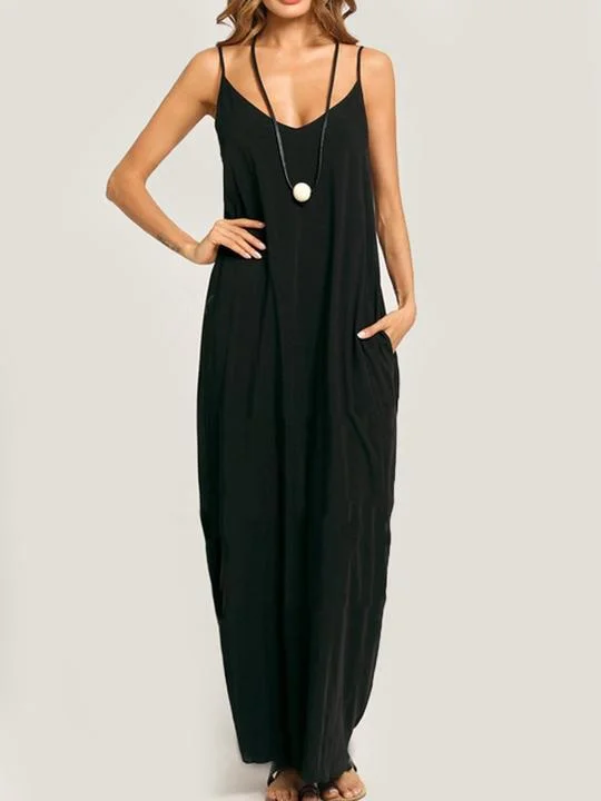 Summer Spaghetti Strap Pocket Plain Maxi Dress Trendy Button Front Maxi Dress