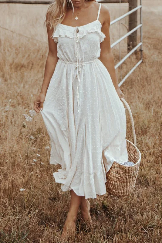 Swiss Dot Spaghetti Straps Ruffled Maxi Dress Chic Off-Shoulder Maxi Dress