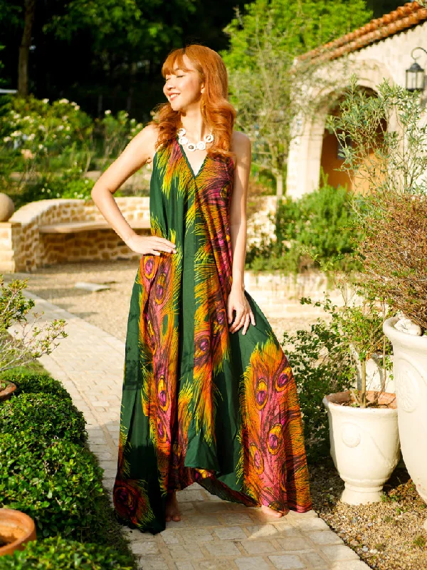 Green Peacock Feather Goddess Boho Maxi Dress Stylish Button-Up Maxi Dress