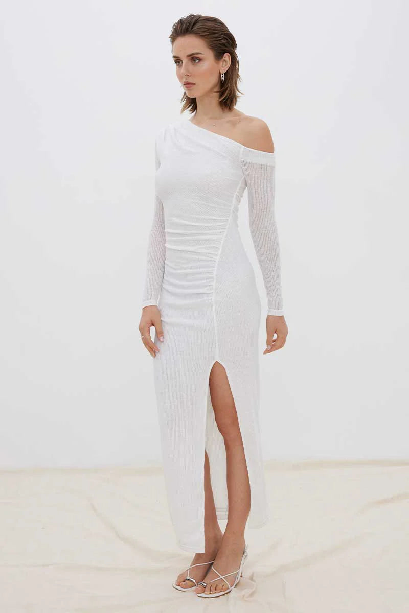 The Embrace Maxi Dress White Cozy Cold-Shoulder Maxi Dress