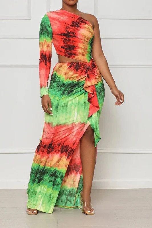 Tie Dye Colorful Ruffle Asymmetric Maxi Dress Cozy Knitted Maxi Dress