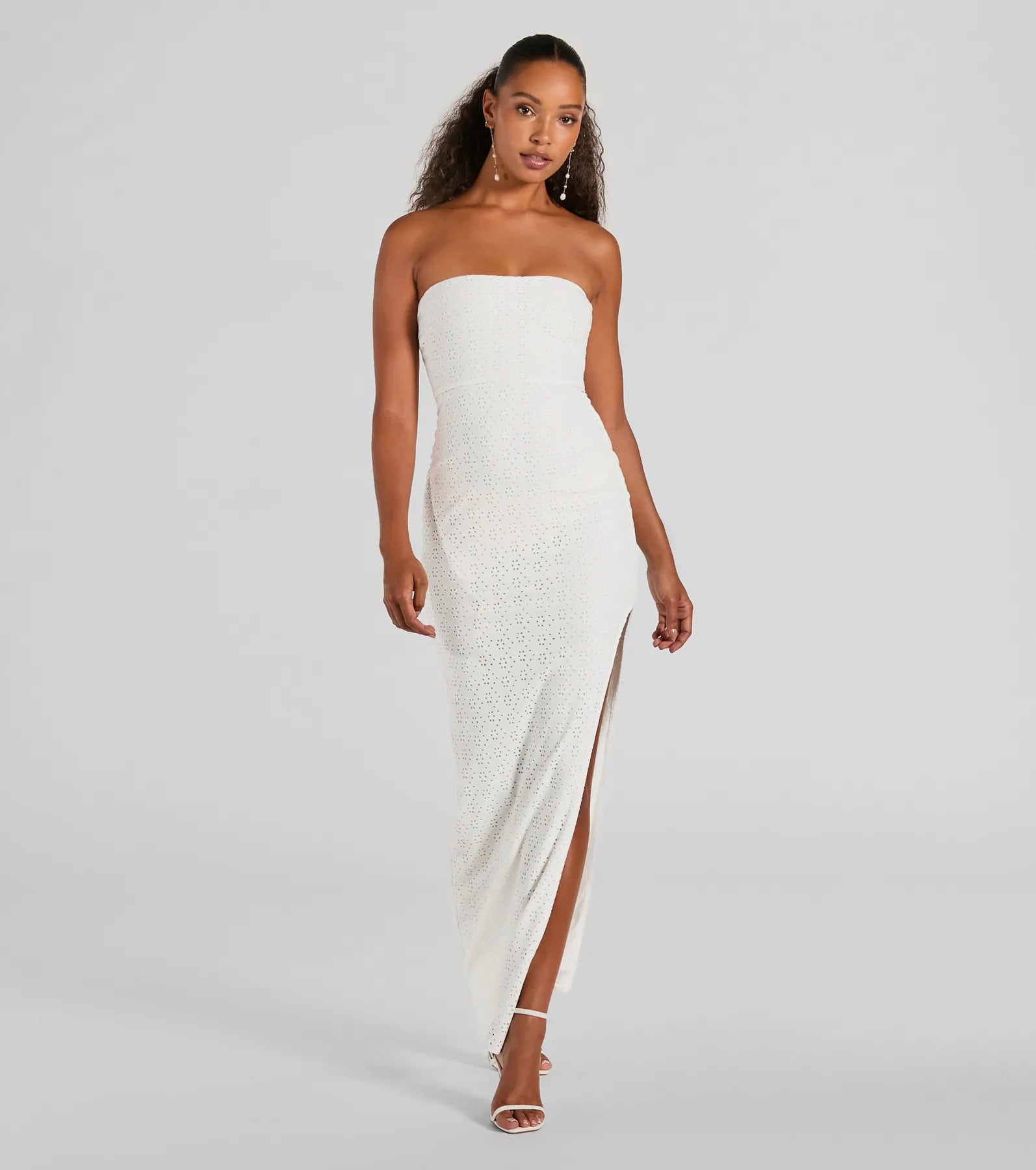 Tuscan Charm Strapless Slit Eyelet Maxi Dress Comfortable Casual Maxi Dress