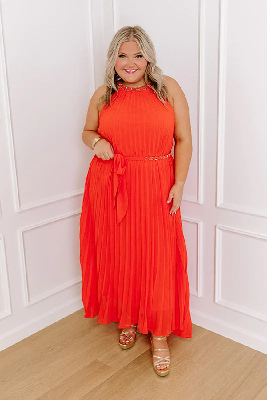 VIP Party Pleated Maxi Dress in Red Curves Elegant Tiered Maxi Dress