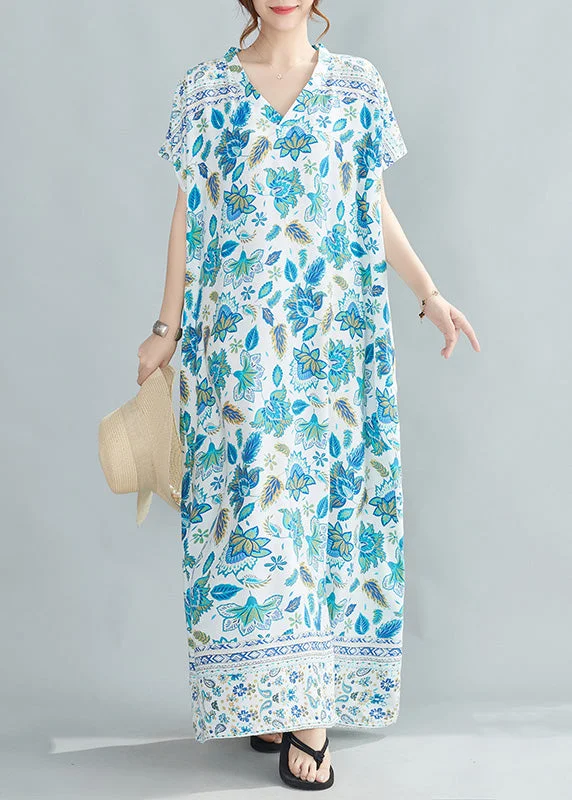 Vogue Blue Print Cotton Holiday Maxi Dresses Summer Cozy Knit Maxi Dress