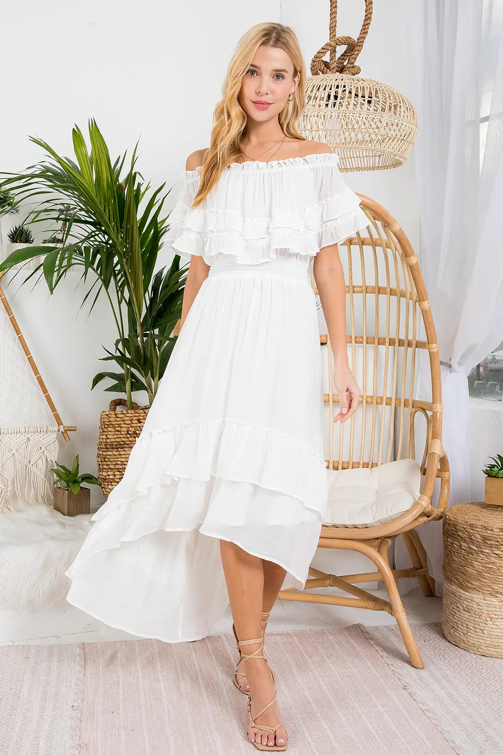 Off-White Ruffled Hi-Lo Maxi Dress Stylish One-Shoulder Maxi Dress