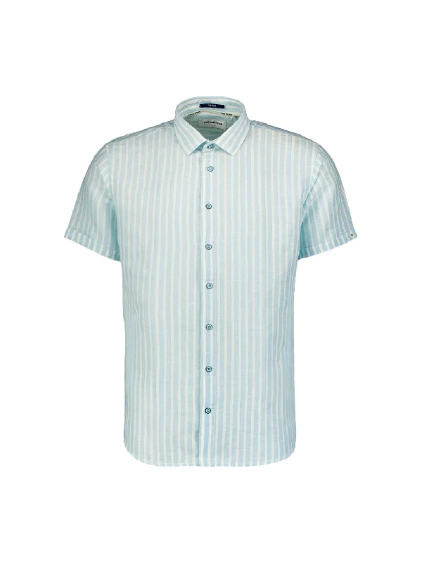 No Excess - Linen Blend Striped Short Sleeved Shirt - Sky Knit Fabric Woven Fabric Fleece Fabric No Excess - Linen Blend Striped Short Sleeved Shirt - Sky Knit Fabric Woven Fabric Fleece Fabric
