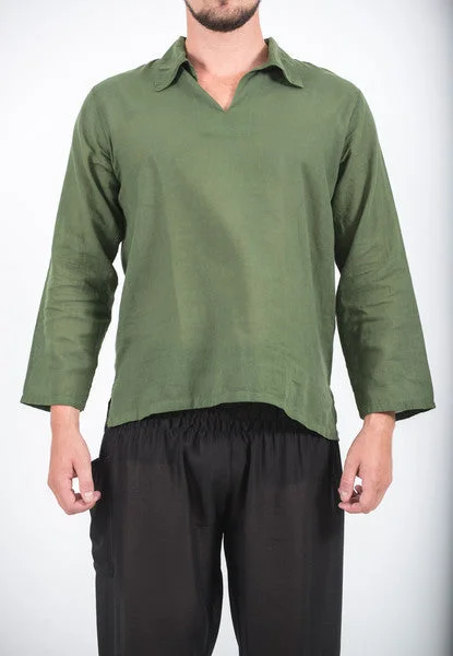 Unisex Long Sleeve Cotton Yoga Shirt with V Neck Collar in Olive Denim Fabric Leather Fabric Suede Fabric