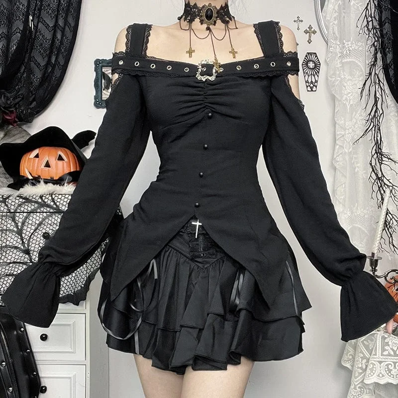 Women's Gothic Buckle-up Lace Long Sleeved Shirt Mesh Blend Leather Blend Suede Blend Women's Gothic Buckle-up Lace Long Sleeved Shirt Mesh Blend Leather Blend Suede Blend
