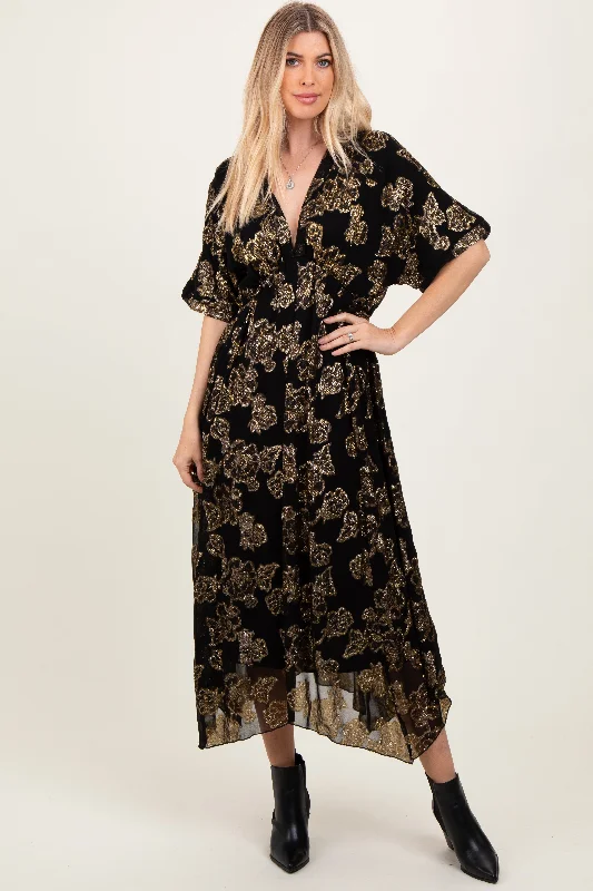 Black Metallic Floral Jacquard Overlay Maxi Dress Elegant Maxi Dress with Pockets