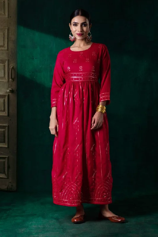 Jashvi Red Muslin Embroidered Maxi Dress With Dori Tie Up & Tassels At Waist Chic Summer Maxi Dress